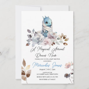 Blommigt Watercolor Blue Boy Dragon Baby Shower Inbjudningar