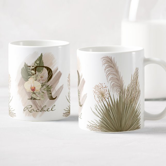 Blommigt Watercolor Boho Anpassningsbar Monogram N Kaffemugg (Skapare uppladdad)