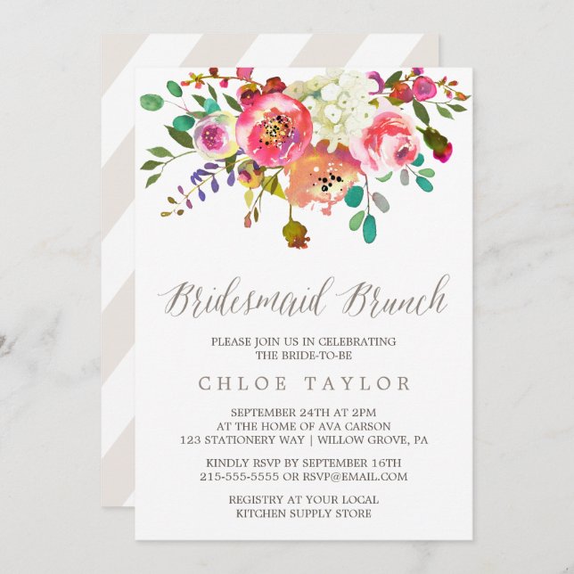 Blommigt Watercolor Bouquet Bridesmaid Brunch Inbjudningar (Fram/baksida)
