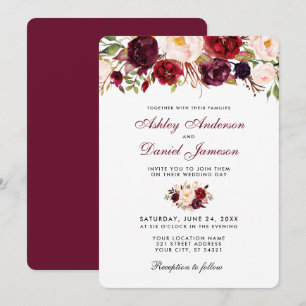 Blommigt Watercolor Burgundy bröllopsinbjudan R Inbjudningar