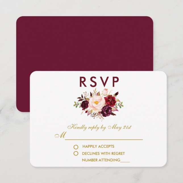 Blommigt Watercolor Burgundy Guld Bröllop OSA Kort (Fram/baksida)