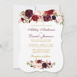 Blommigt Watercolor Burgundy Wedding-inbjudan GB Inbjudningar