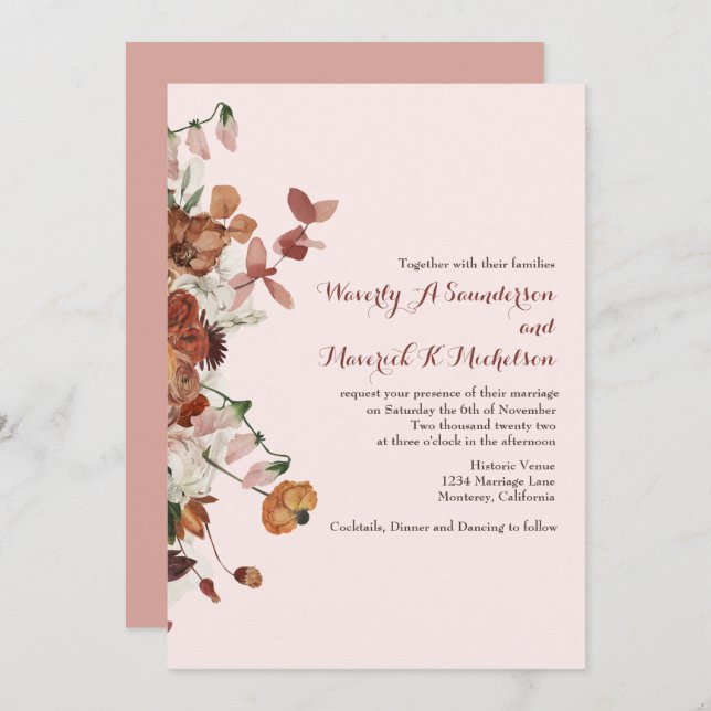 Blommigt Watercolor Burnt Orange Dusty Ro Bröllop Inbjudningar (Fram/baksida)