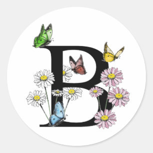 Blommigt Watercolor Butterfly Monogram Brev B Runt Klistermärke