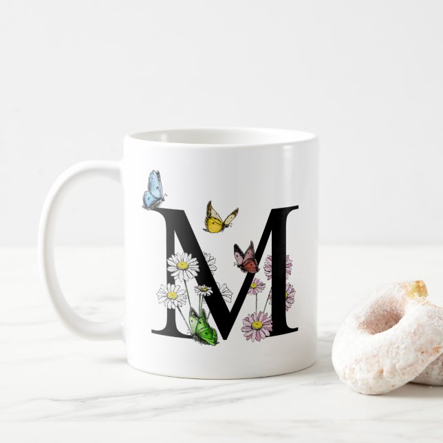 Blommigt Watercolor Butterfly Monogram Brev M Kaffemugg (Med munk)