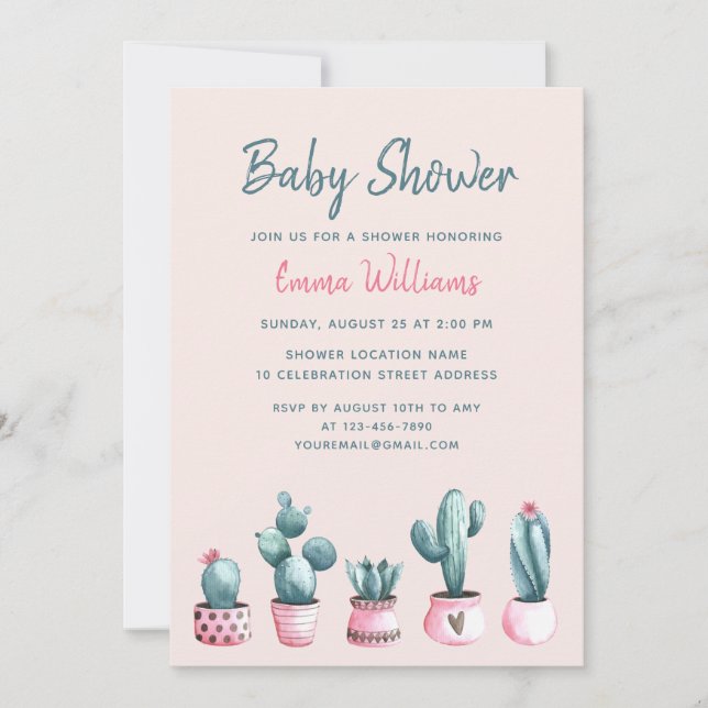 Blommigt Watercolor Cactus Rosa Girl Baby Shower Inbjudningar (Framsida)