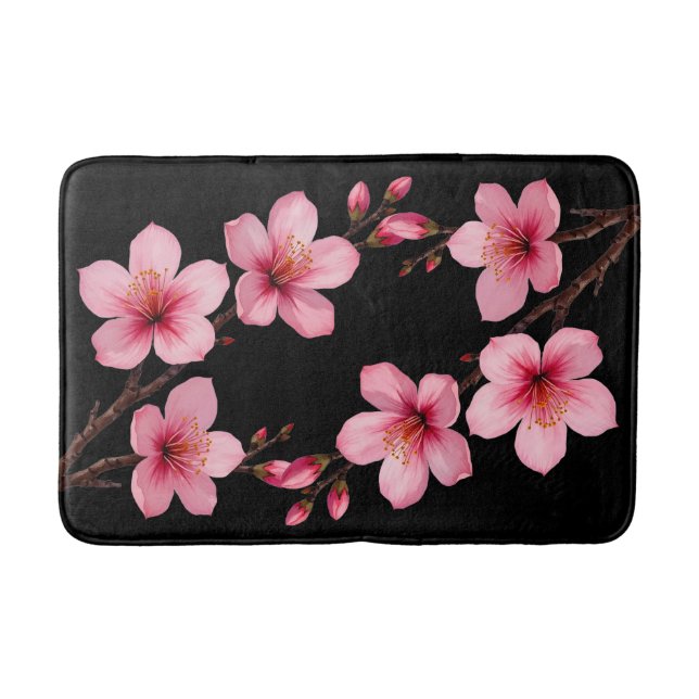 Blommigt Watercolor Cherry Blommar Rosa Black Badrumsmatta (Framsidan)