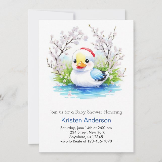 Blommigt Watercolor Duckling Boy Baby Shower Inbjudningar (Framsida)