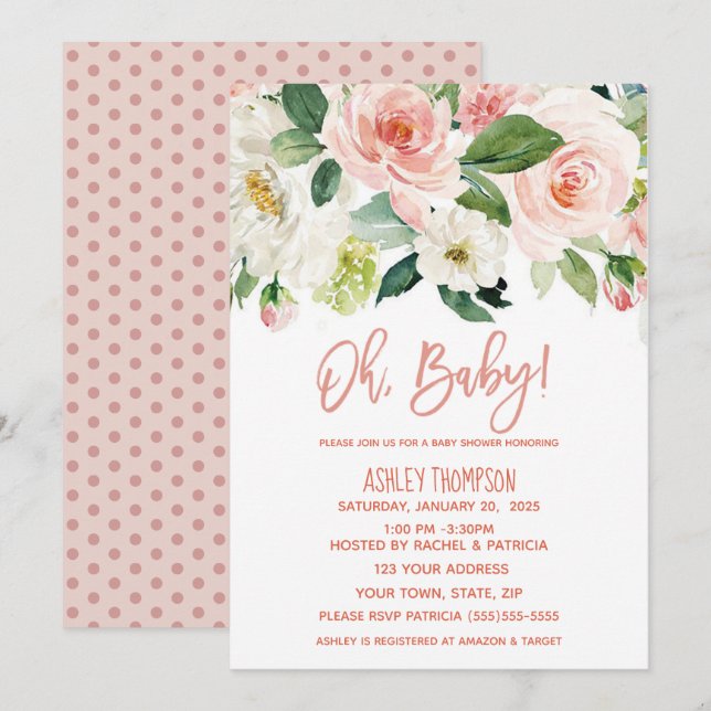 Blommigt Watercolor Dusty Rosa Girls Baby Shower Inbjudningar (Fram/baksida)