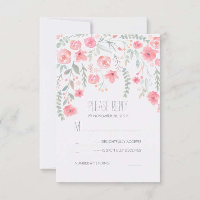 Blommigt Watercolor Elegant bröllop OSA kort (Framsida)