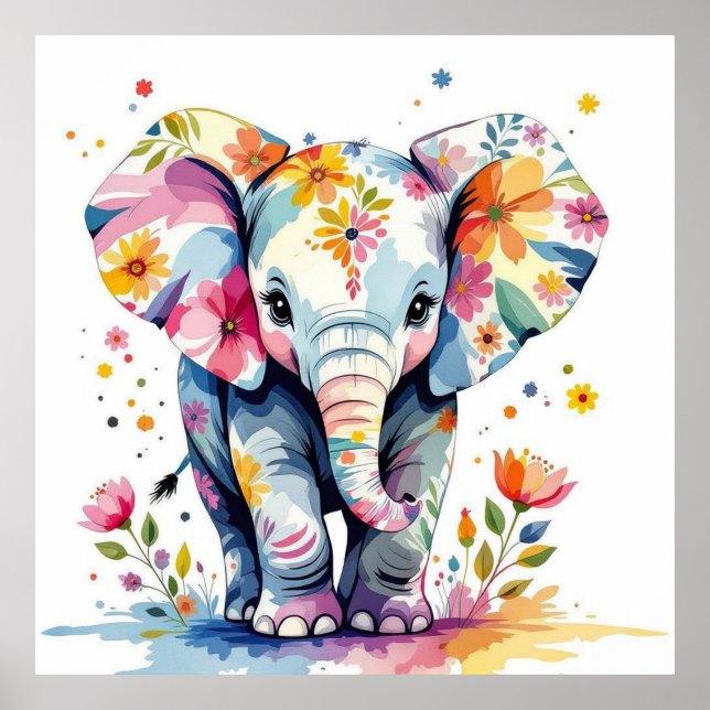 Blommigt Watercolor Elephant Poster (Framsidan)