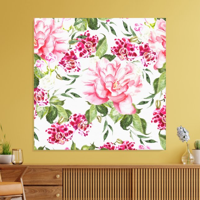 Blommigt Watercolor Flowers Ro Peony Orchids Canvastryck (Insitu (Vardagsrum))