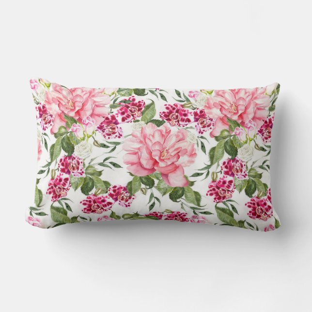 Blommigt Watercolor Flowers Ro Peony Orchids Lumbarkudde (Framsida)