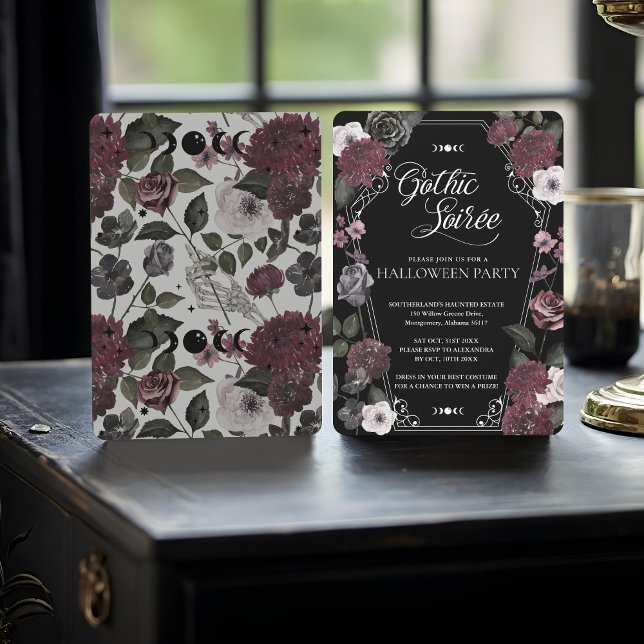 Blommigt Watercolor Gothic Soirée Halloween fest Inbjudningar (Floral Watercolor Gothic Soirée Halloween Party Invitation)