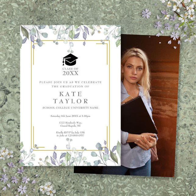 Blommigt Watercolor Greenery Photo Studentfest Inbjudningar (Floral Watercolor Greenery Photo Graduation Party Invitation)