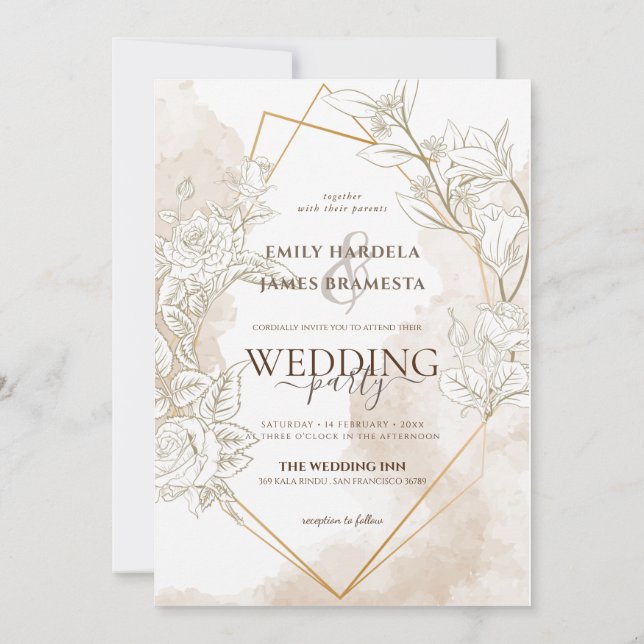 Blommigt Watercolor Guld Fremad Wedding bjudande Inbjudningar (Baksida)