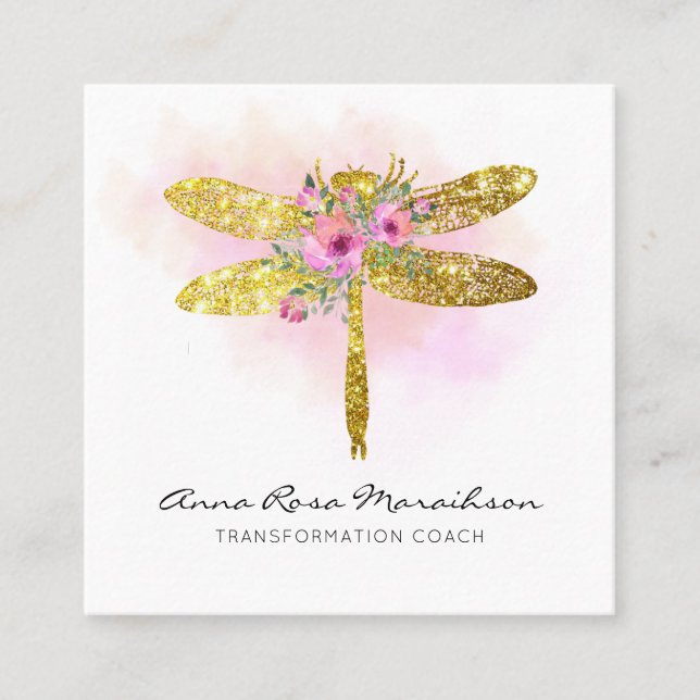 *~* Blommigt Watercolor Guld Rosa Peach Dragonfly  Fyrkantigt Visitkort (Framsida)