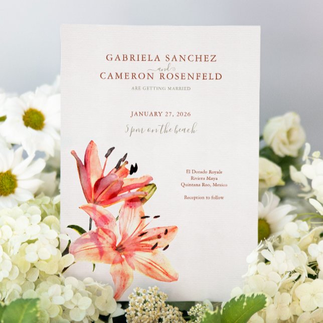 Blommigt Watercolor Lillies Terracotta Inbjudningar (Skapare uppladdad)