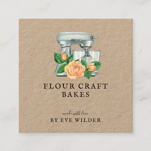 Blommigt Watercolor Mixer Baker Bakery Kraft Fyrkantigt Visitkort (Framsida)
