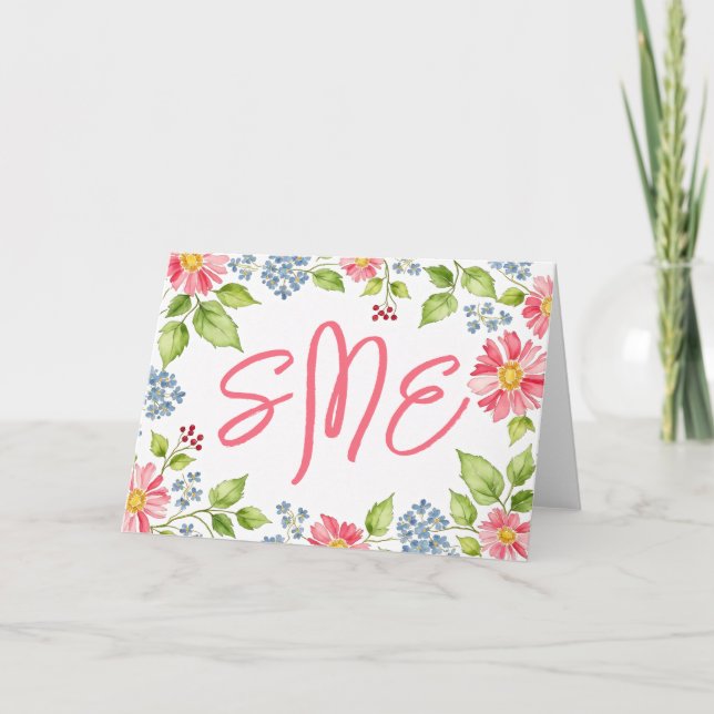 Blommigt Watercolor Monogram Stationery Tack Kort (Framsida)