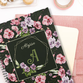 Blommigt Watercolor Monogrammed Namn Elegant Black