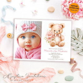 Blommigt Watercolor Nalle, Photo Girl Baptism Inbjudningar