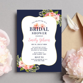  Blommigt Watercolor Navy Bröllop Möhippa Inbjudningar