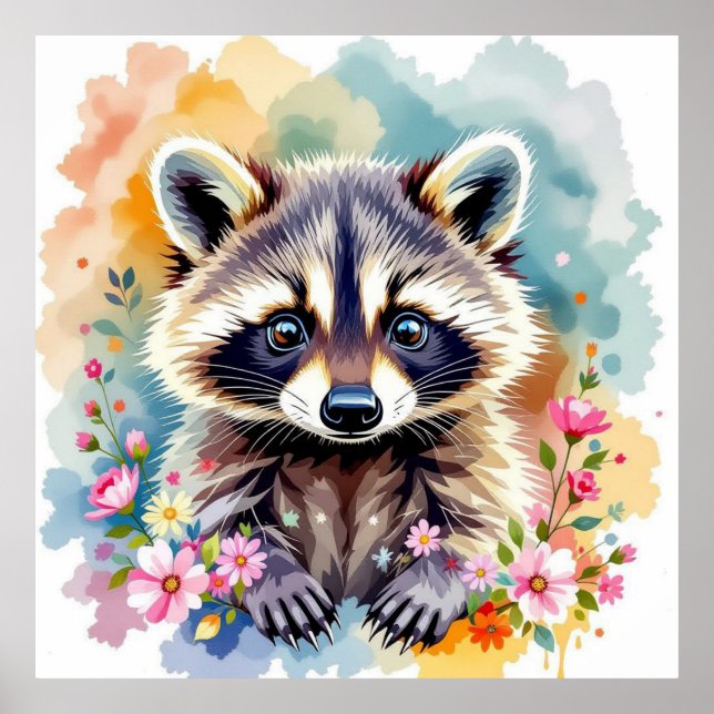 Blommigt Watercolor Raccoon Poster (Framsidan)