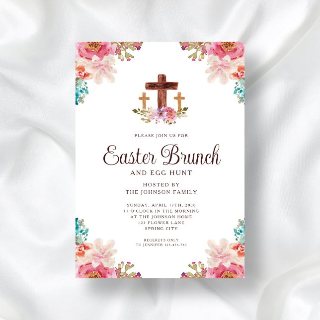 Blommigt Watercolor Religiösa Kor Påsk Brunch Inbjudningar (Floral Watercolor Religious Cross Easter Brunch Invitation)