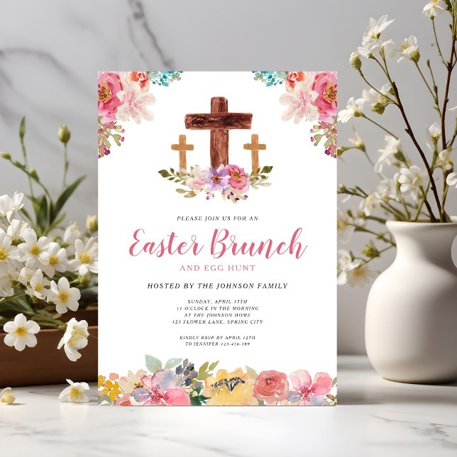 Blommigt Watercolor Religiösa Påsk Brunch Egg Hunt Inbjudningar (Floral Watercolor Religious Easter Brunch Egg Hunt Invitation)