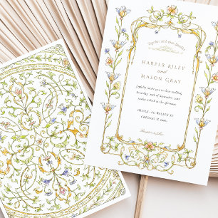 Blommigt Watercolor Rococo Ram Bröllop Inbjudningar