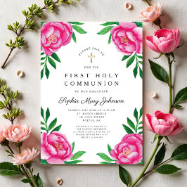 Blommigt Watercolor Rosa Peonies First Communion Inbjudningar