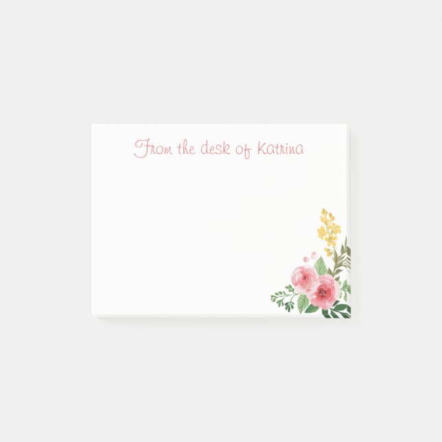 Blommigt Watercolor Rosa ros Flowers Personlig Post-it Block (Framsida)
