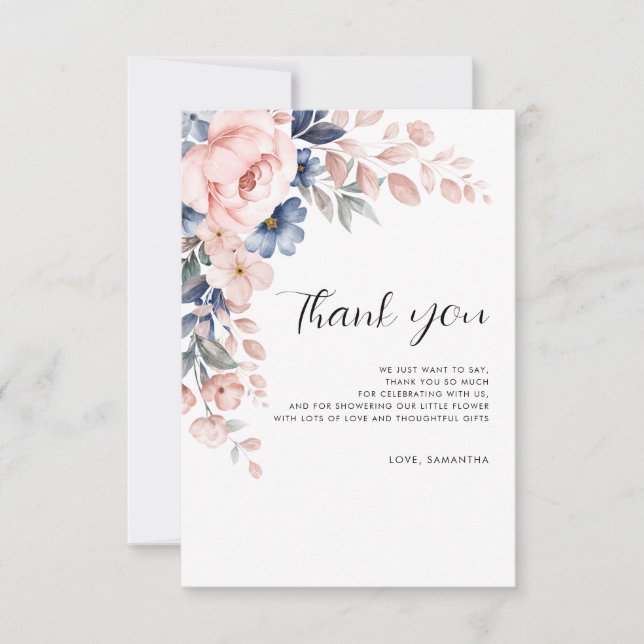 Blommigt Watercolor Script Baby Shower Tack Kort (Framsida)