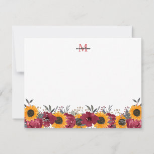 Blommigt Watercolor Solros Burgundy Monogram Anteckningskort