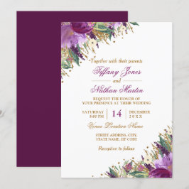 Blommigt Watercolor Sparkling Amethyst Bröllop Inbjudningar