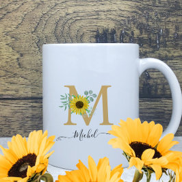 Blommigt Watercolor Sunblommor Monogram Namn Kaffemugg