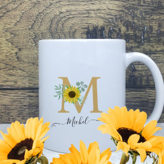 Blommigt Watercolor Sunblommor Monogram Namn Kaffemugg