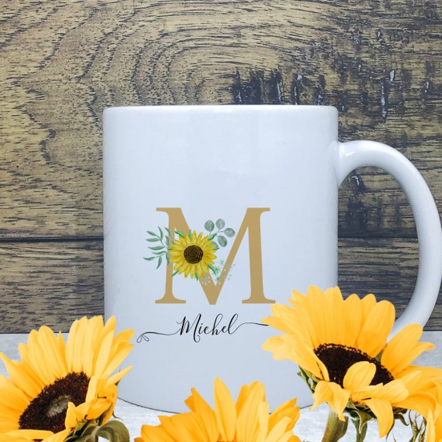 Blommigt Watercolor Sunblommor Monogram Namn Kaffemugg (Skapare uppladdad)