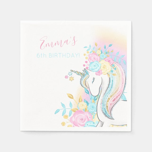 Blommigt Watercolor Unicorn Girl's Birthday Pappersservett (Framsidan)