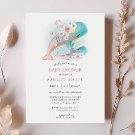 Blommigt Watercolor Whales Girl Baby Shower Inbjudningar