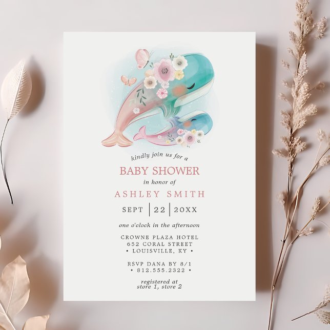 Blommigt Watercolor Whales Girl Baby Shower Inbjudningar (Skapare uppladdad)
