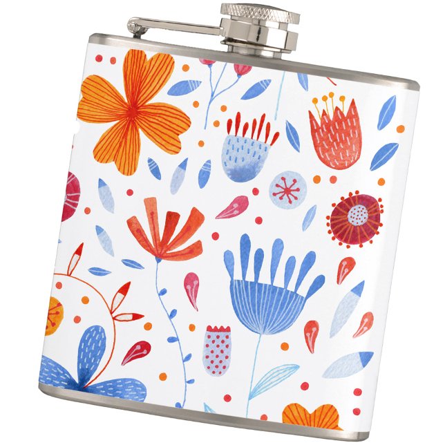 Blommigt Watercolor Wildblomma Mönster Fickplunta (Blue white and orange wildflower floral watercolor pattern hip flask)