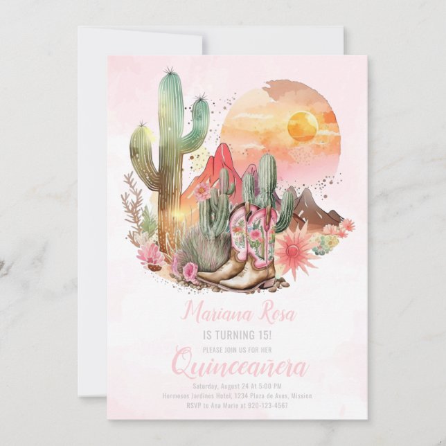 Blommigt Western Boots Quinceanera Birthday Inbjudningar (Framsida)