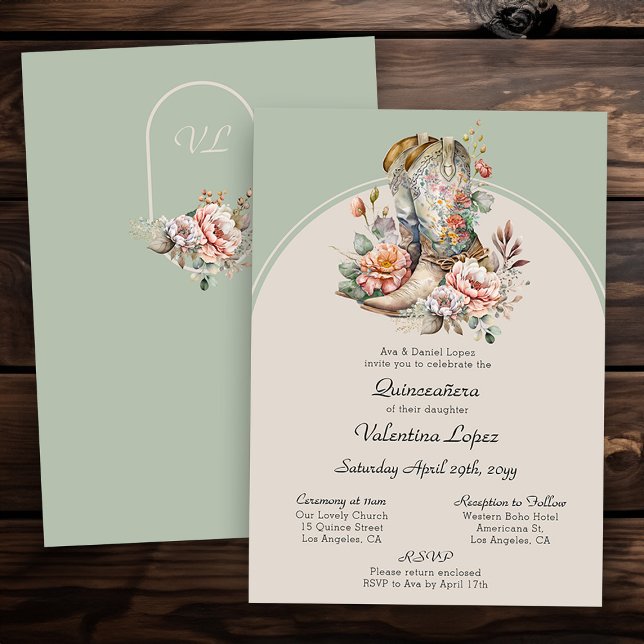 Blommigt Western Boots Rustic Boho Quinceanera Inbjudningar (Mass and Reception quince invitation from my Boho Floral Cowgirl Boots Quinceanera Collection)