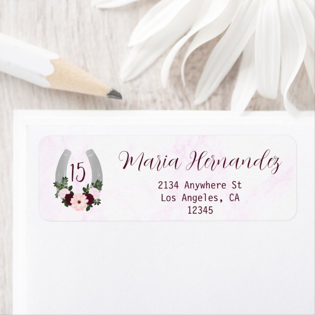 Blommigt Western Horseshoe Quinceanera Adress Returadress Etikett (Insitu)