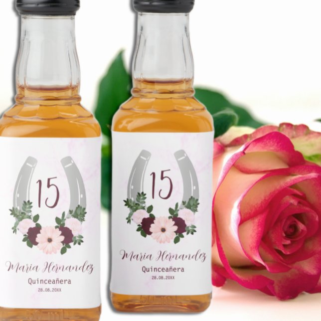 Blommigt Western Horseshoe Quinceanera Spritflaskor Etikett (Skapare uppladdad)
