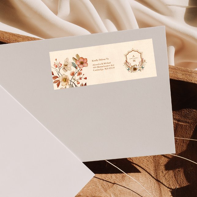 Blommigt Western Vapensköld Monogram Bröllop Returadress Etikett (Skapare uppladdad)