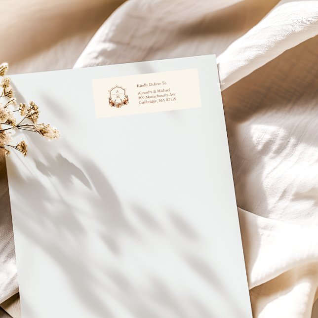 Blommigt Western Vapensköld Monogram Bröllop Returadress Etikett (Skapare uppladdad)