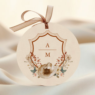 Blommigt Western Vapensköld Monogram Bröllop Runt Klistermärke
